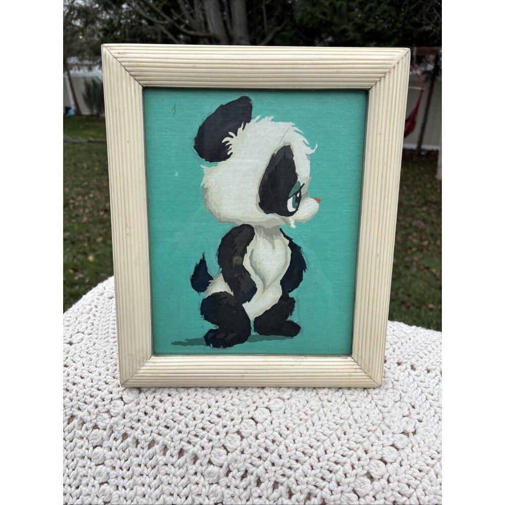 1970s Vintage Paint By Numbers Adorable Panda With Doll Eyes Framed